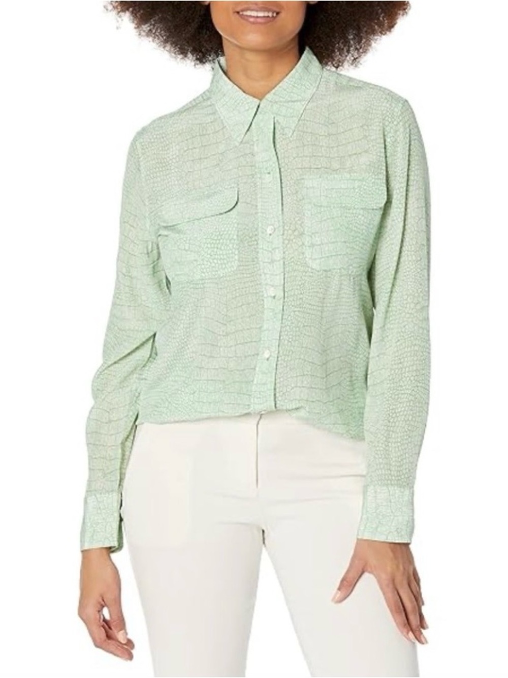 Equipment 100% Silk Light Green Reptile Printed Button-Front Long Sleeve Blouse